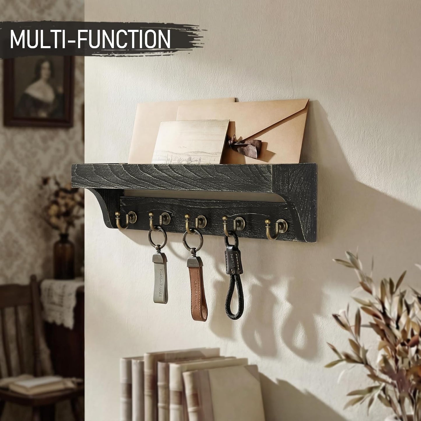 Rebee Vision Farmhouse Key Holder for Wall - Decorative Wooden Mail Organizer with 5 Rustic Key Hooks and Floating Shelf for Home Decor, Hallway, Entryway, Appartment (Retro Brown)
