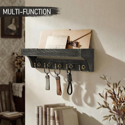 Rebee Vision Farmhouse Key Holder for Wall - Decorative Wooden Mail Organizer with 5 Rustic Key Hooks and Floating Shelf for Home Decor, Hallway, Entryway, Appartment (Retro Brown)
