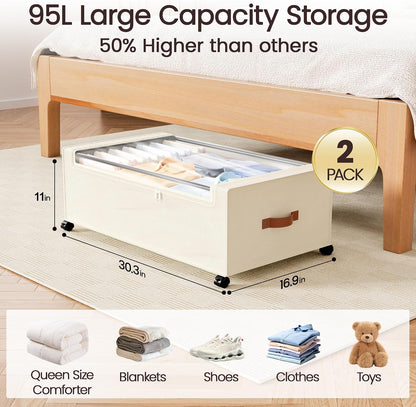 Yecaye Under Bed Storage with Wheels, 2 Pack Under Bed Storage Containers, 60L Underbed Shoe Storage with Clear Window & Label, Rolling Under Bed Metal Drawer for Clothes, Shoes, Books, Blankets