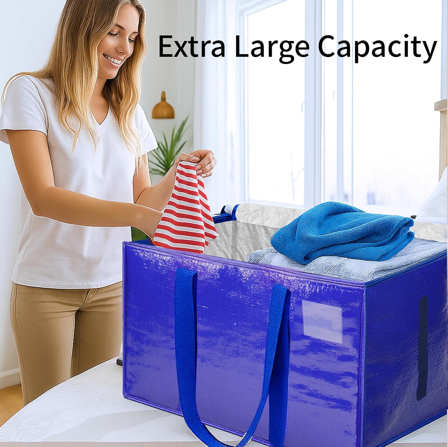 8 Pack-Extra Large Heavy Duty Moving Bags - Waterproof Storage Totes with Handles & Zippers, Foldable for College Dorm, Storage (Clear)