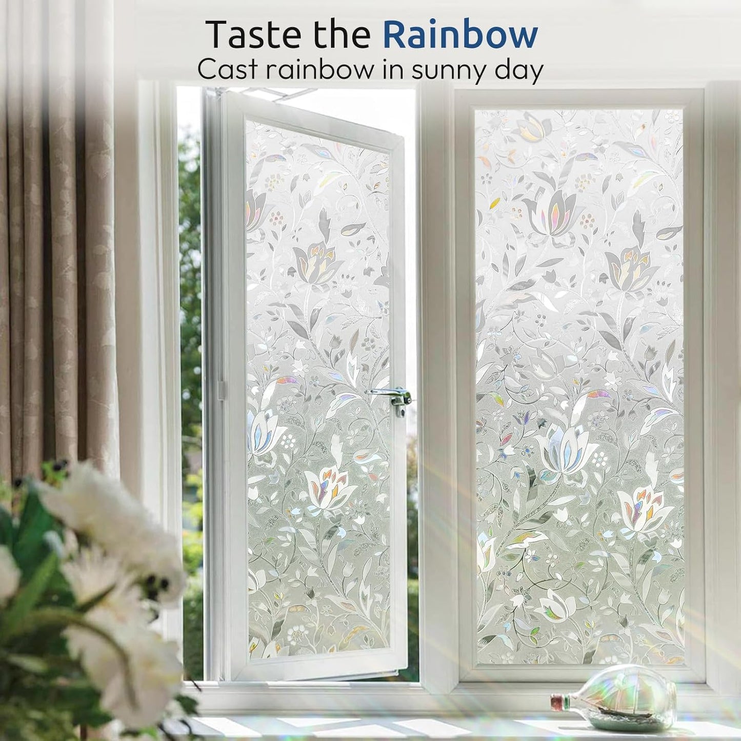 rabbitgoo Window Privacy Film, Decorative Stained Glass Window Film, Sun Blocking Glass Clings, Renter-Friendly Static Cling Frosted Sticker Covering for Home Door, Rainbow Tulip 17.5" X 78.7"