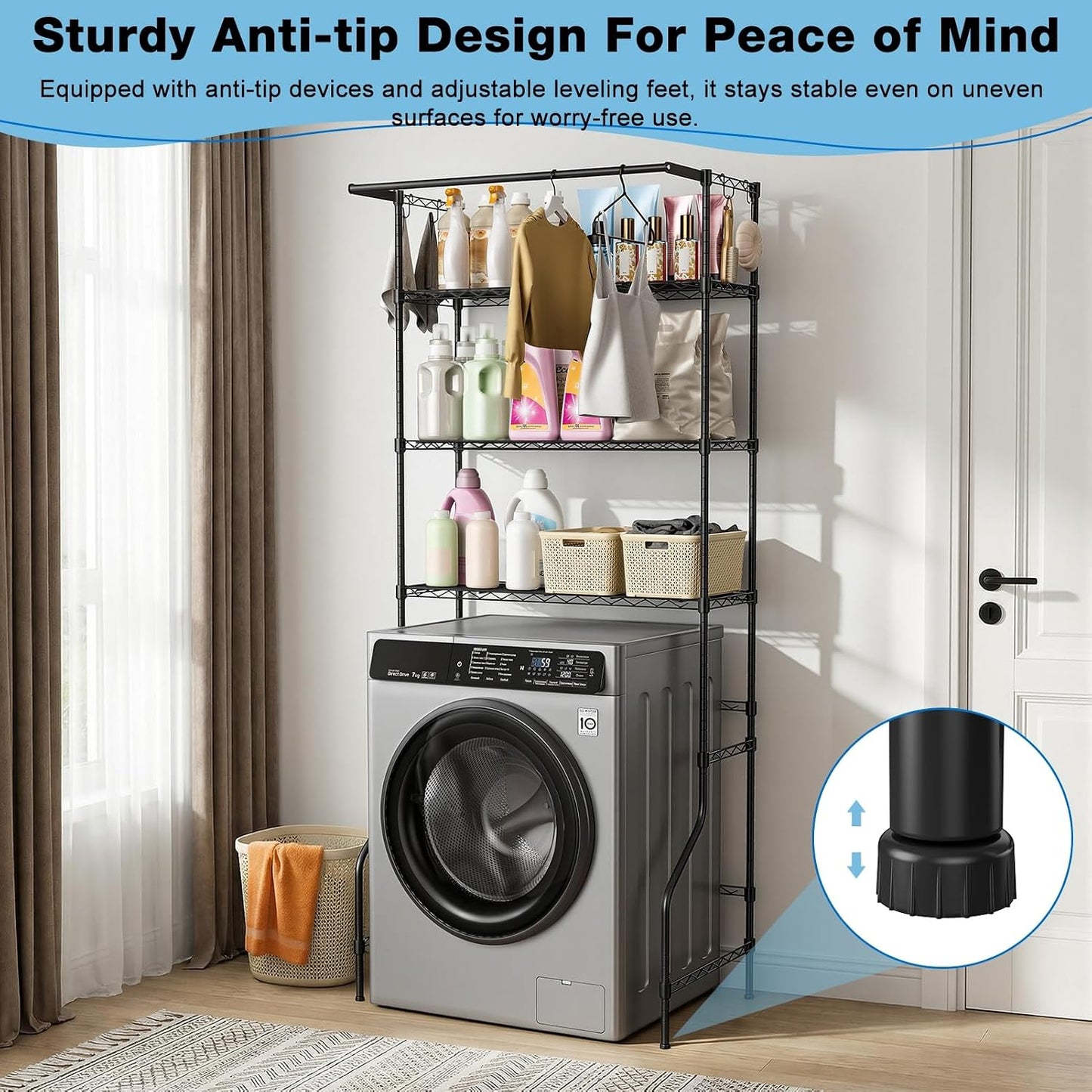 3-Tier Over Washer and Dryer Shelves, Laundry Room Storage Organizer with Hanging Rod, Adjustable Metal Freestanding Drying Rack, 33.46x19.69x77.95 Inches, Black, Fits Most Units Black