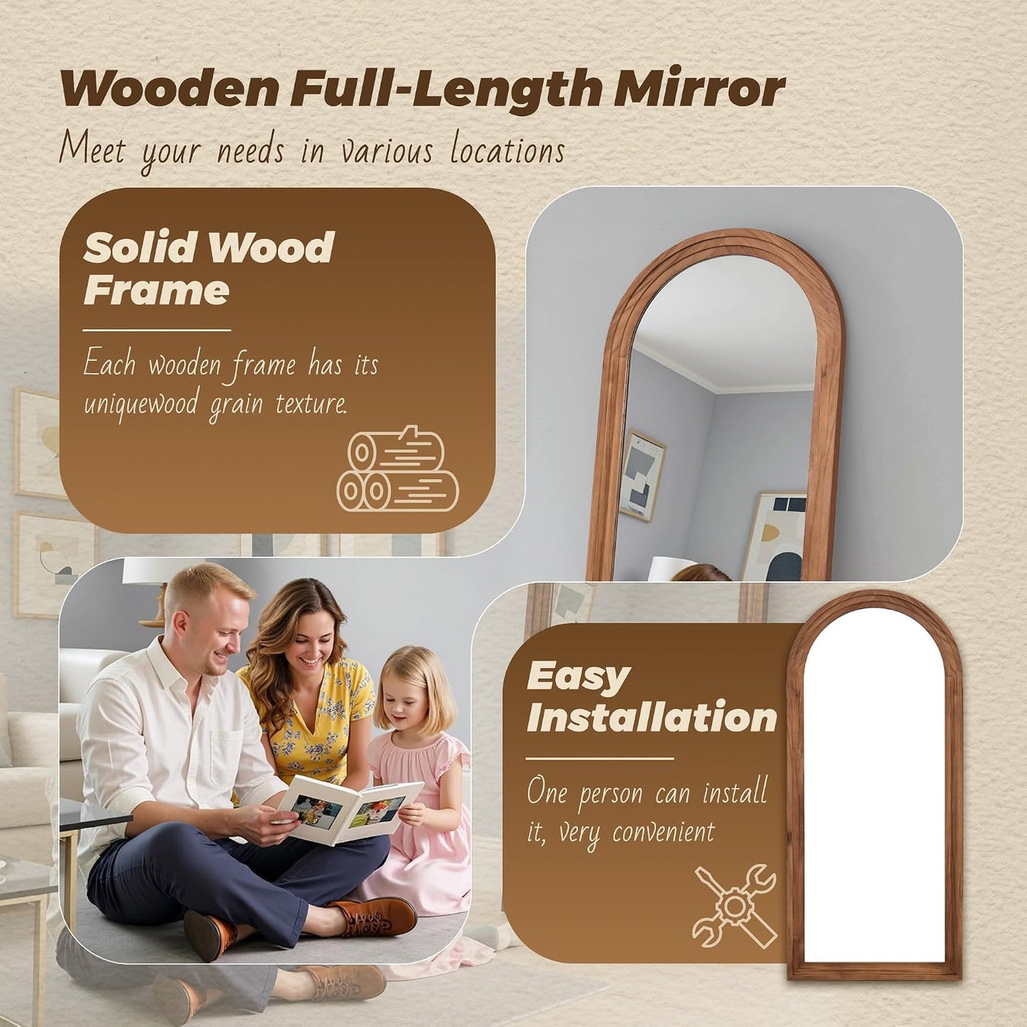 Antok Full Length Mirror with Solid Wood Frame, 71"×32" Wall Mounted Oversized Floor Mirror with Stand, Leaning Standing Hanging for Bedroom Living Room Entryway, Walnut, Arched Syle