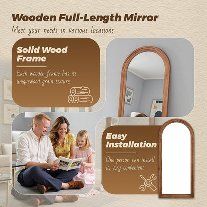 Antok Full Length Mirror with Solid Wood Frame, 71"×32" Wall Mounted Oversized Floor Mirror with Stand, Leaning Standing Hanging for Bedroom Living Room Entryway, Walnut, Arched Syle