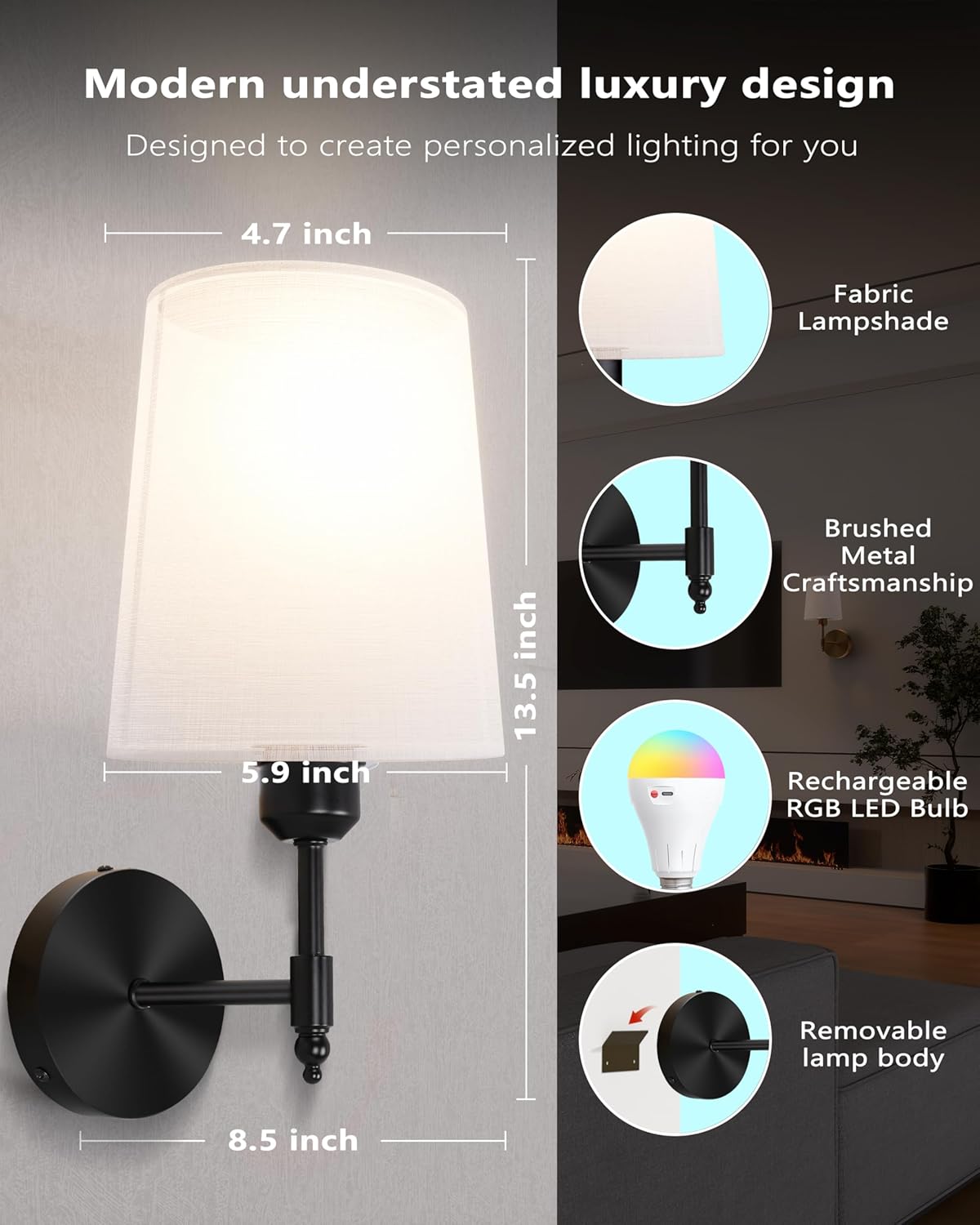 Ouyulong Battery Operated Wall Sconces Set of 2, Wireless Rechargeable Dimmable Wall Light with RGB Bulb and Remote for Bedroom, Living Room, Hallway (Gold)