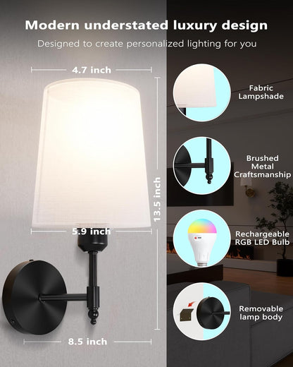 Ouyulong Battery Operated Wall Sconces Set of 2, Wireless Rechargeable Dimmable Wall Light with RGB Bulb and Remote for Bedroom, Living Room, Hallway (Gold)