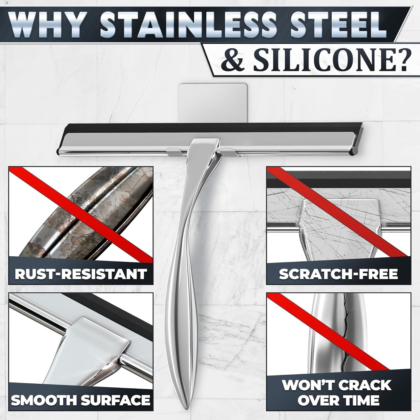 Shower Door Squeegee with Adhesive & Hanging Hooks, 12" Silicone Blade - Stainless Steel All-Purpose Squeegee for Shower Glass, Bathroom Mirror Cleaner Tool Suitable for Tile Walls - Multi-Surface Use