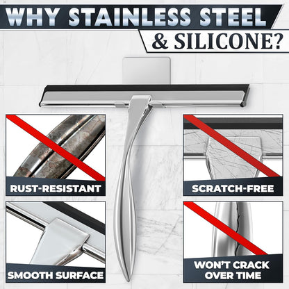 Shower Door Squeegee with Adhesive & Hanging Hooks, 12" Silicone Blade - Stainless Steel All-Purpose Squeegee for Shower Glass, Bathroom Mirror Cleaner Tool Suitable for Tile Walls - Multi-Surface Use