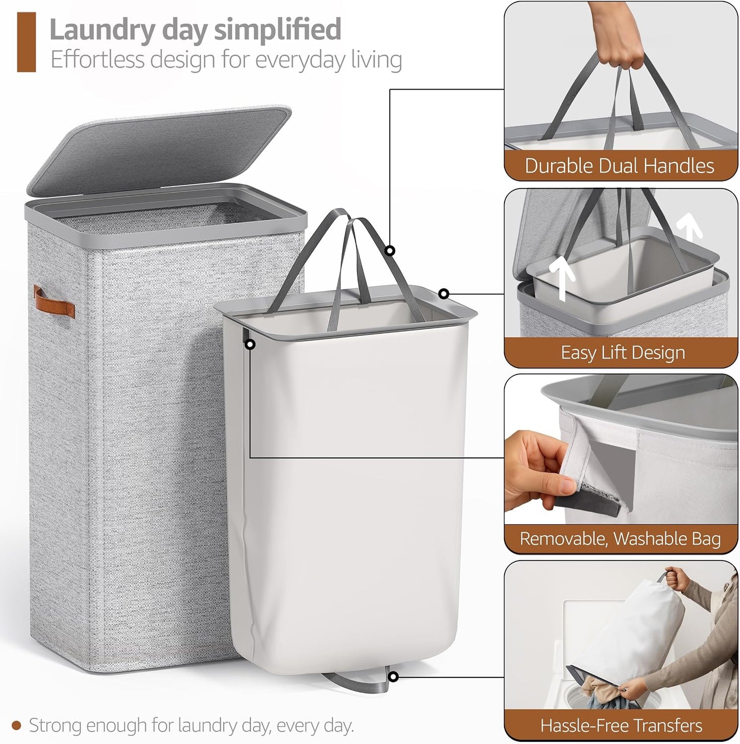 Sorbus Laundry Hamper with Lid - Collapsible 3-Compartment Fabric Laundry Basket with Handles and Removable Laundry Bag – 50 Gallon (190 L) Dirty Clothes Hamper for Bedroom, bathroom and dorm (Beige)