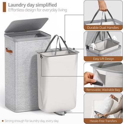 Sorbus Laundry Hamper with Lid - Collapsible 3-Compartment Fabric Laundry Basket with Handles and Removable Laundry Bag – 50 Gallon (190 L) Dirty Clothes Hamper for Bedroom, bathroom and dorm (Beige)
