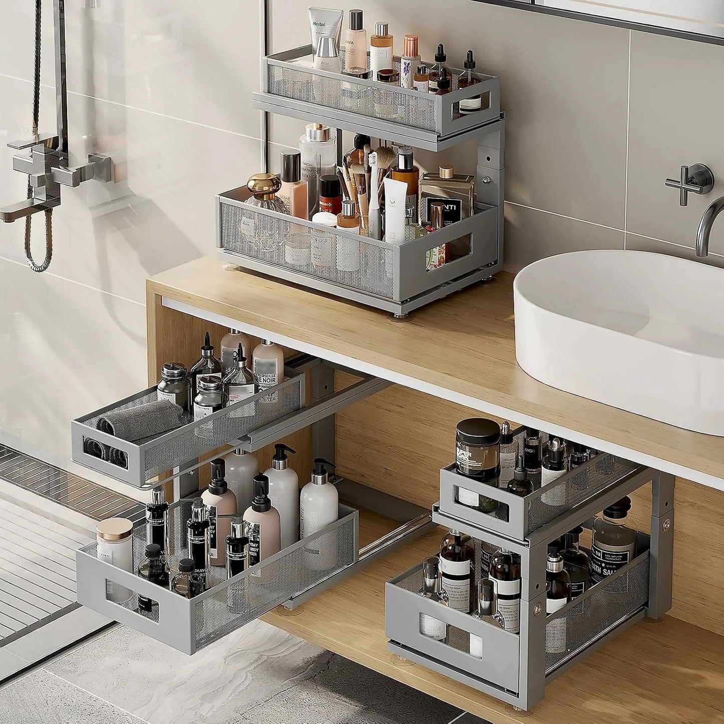 2 Pack Under Sink Organizer with Next-Gen Ball-Bearing Slides,2-Tier Pull Out Cabinet Storage,Height Adjustable Drawer Shelf for Bathroom,Kitchen,Laundry,Cabinet,Pantry(Patent Pending)