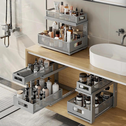 2 Pack Under Sink Organizer with Next-Gen Ball-Bearing Slides,2-Tier Pull Out Cabinet Storage,Height Adjustable Drawer Shelf for Bathroom,Kitchen,Laundry,Cabinet,Pantry(Patent Pending)