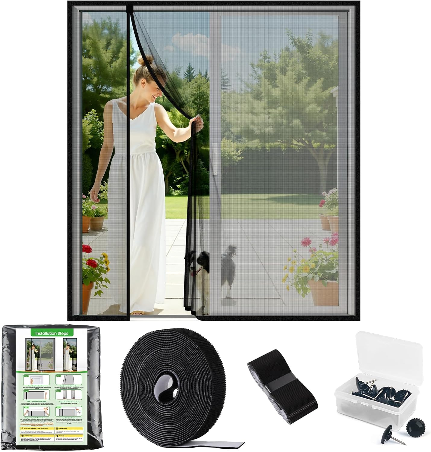 Magnetic Screen Door, Screen Door Mesh, Heavy-Duty Mesh Curtain, Door Net Keep Bugs Out, Hands Free Partition, Screen Size 38” × 83”, Fits 36” × 82” Doors, Pet & Kid Friendly, Black