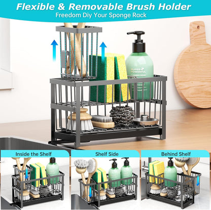 Liuoud Sponge Holder for Kitchen Sink, 2 Tier Sink Caddy Organizer Countertop with Dish Brush Holder and 360° Drain Tray, Rustproof Stainless Steel Dish Soap Storage Rack Set for Accessories Grey