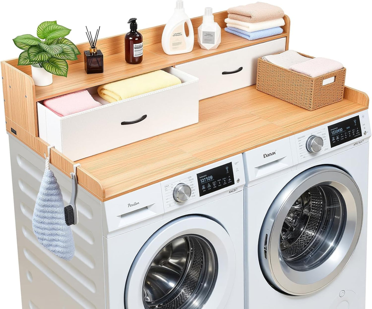 VEVOR Washer Dryer Countertop with 2-Tier Shelf, 54" x 27" Wooden Washer and Dryer Countertop with Anti-Slip Pads, Water-Resistant Laundry Topper Cover for Laundry Room Organization and Storage, Black