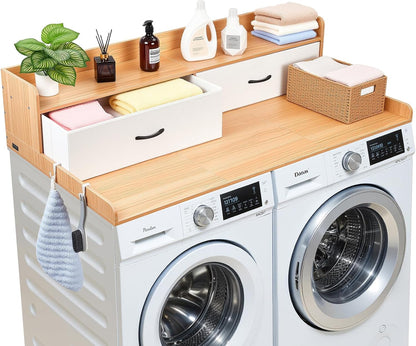 VEVOR Washer Dryer Countertop with 2-Tier Shelf, 54" x 27" Wooden Washer and Dryer Countertop with Anti-Slip Pads, Water-Resistant Laundry Topper Cover for Laundry Room Organization and Storage, Black