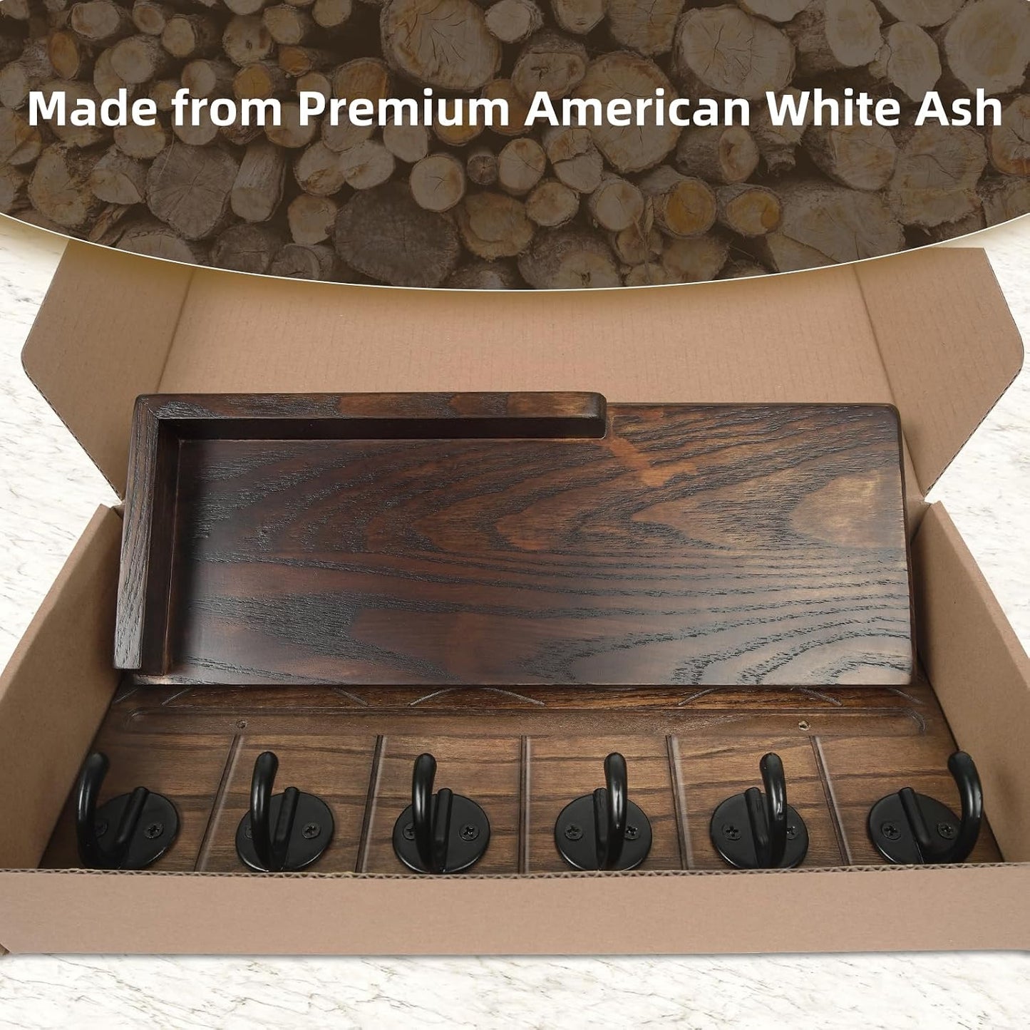 Key Holder Wall Decor-11.8" Solid Ash Wood Entryway Organizer with 6 Hooks & Extra Deep Storage Rack for Key, Mail, Wallet, Leash, Glasses, Hand-Polished & Stained, Easy-Assembly