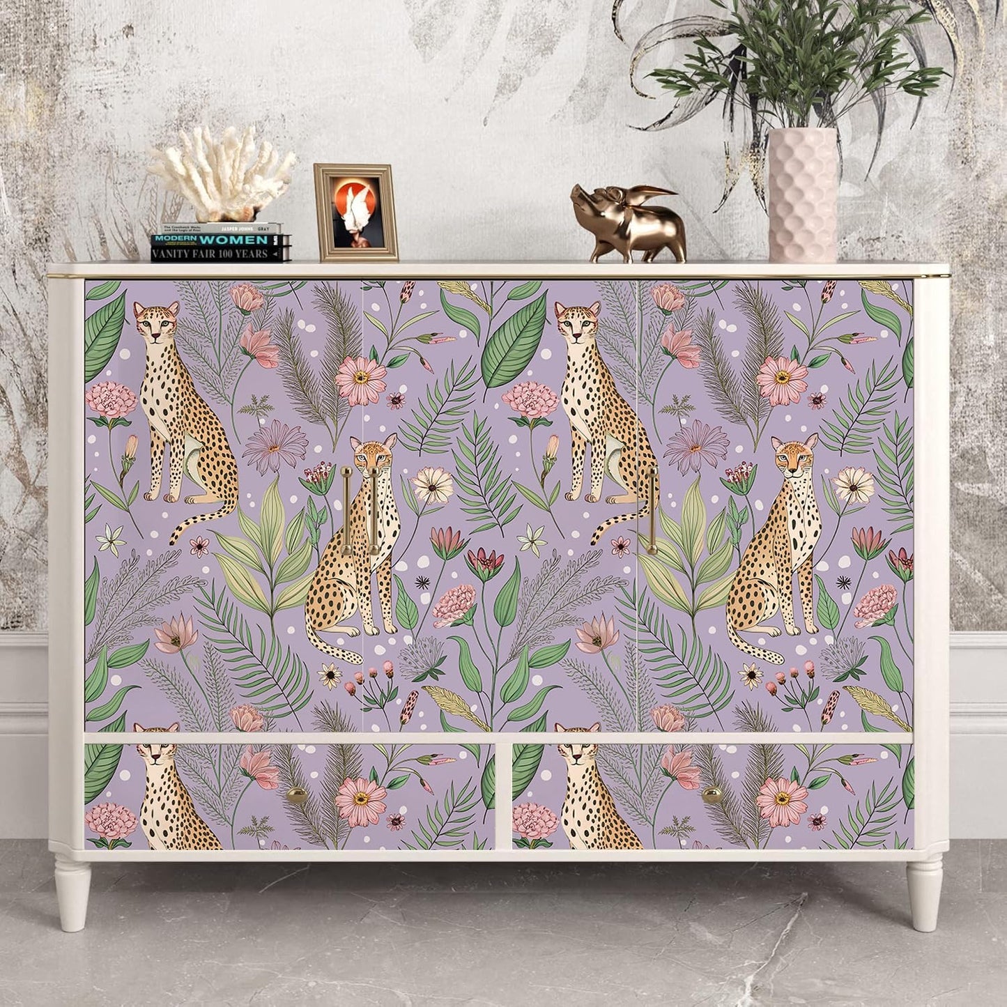 Floralplus Peel and Stick Wallpaper Leopard Jungle Removable Wallpaper for Bathroom Renter Friendly Wallpapers Self Adhesive Animal Floral Contact Paper for Accent Wall 17.5 x 118 in