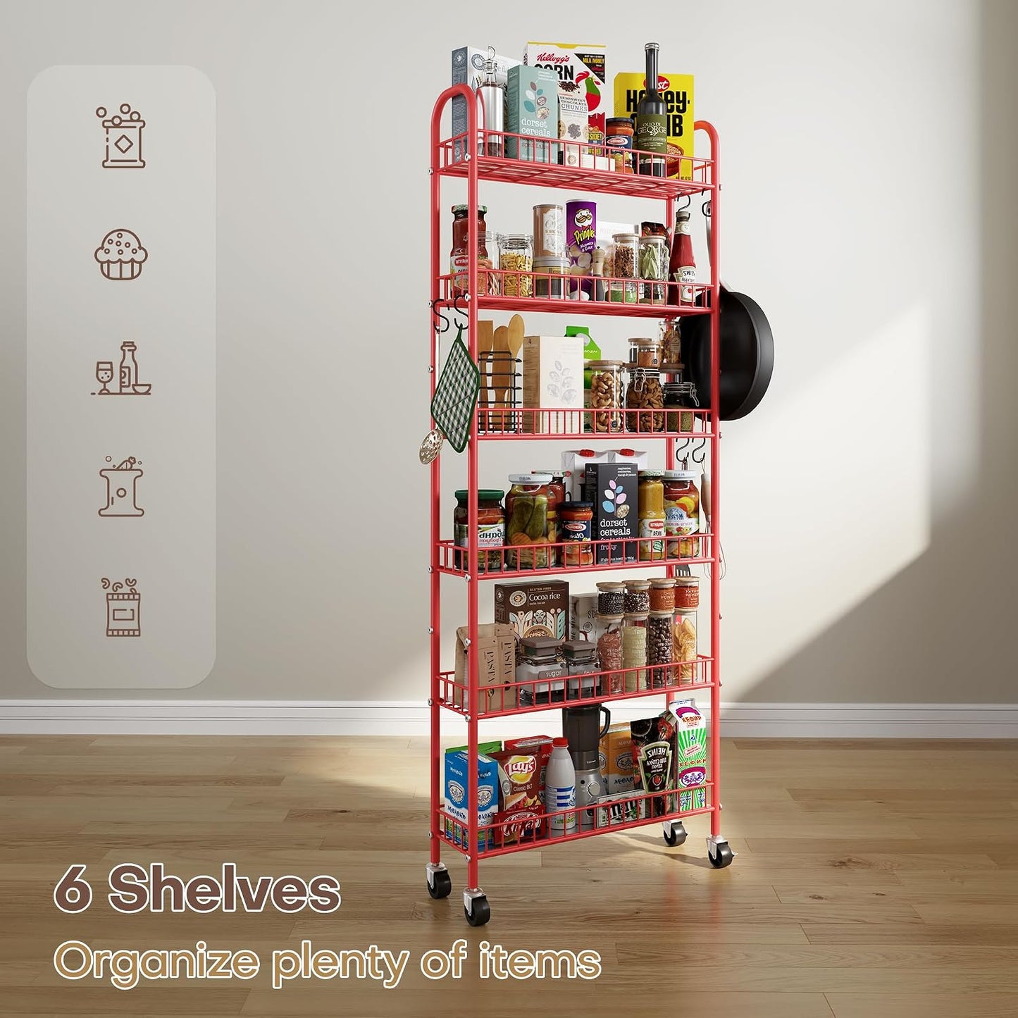 Slim Rolling Storage Cart with Wheels, Metal 6 Tier Spice Rack Mobile Shelving Unit Organizer Kitchen Utility Cart for Office Bathroom Kitchen Laundry Room Narrow Places (6inches)