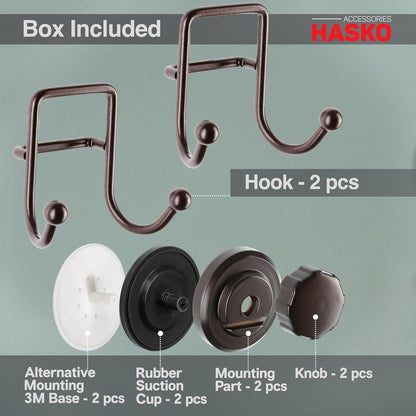 HASKO Suction Cup Hooks for Shower Wall, Removable Towel Hooks for bathrooms, Includes Optional No Drill Adhesive Mount for Inside Shower, Rustproof Stainless Steel - 2 Pack, Bronze