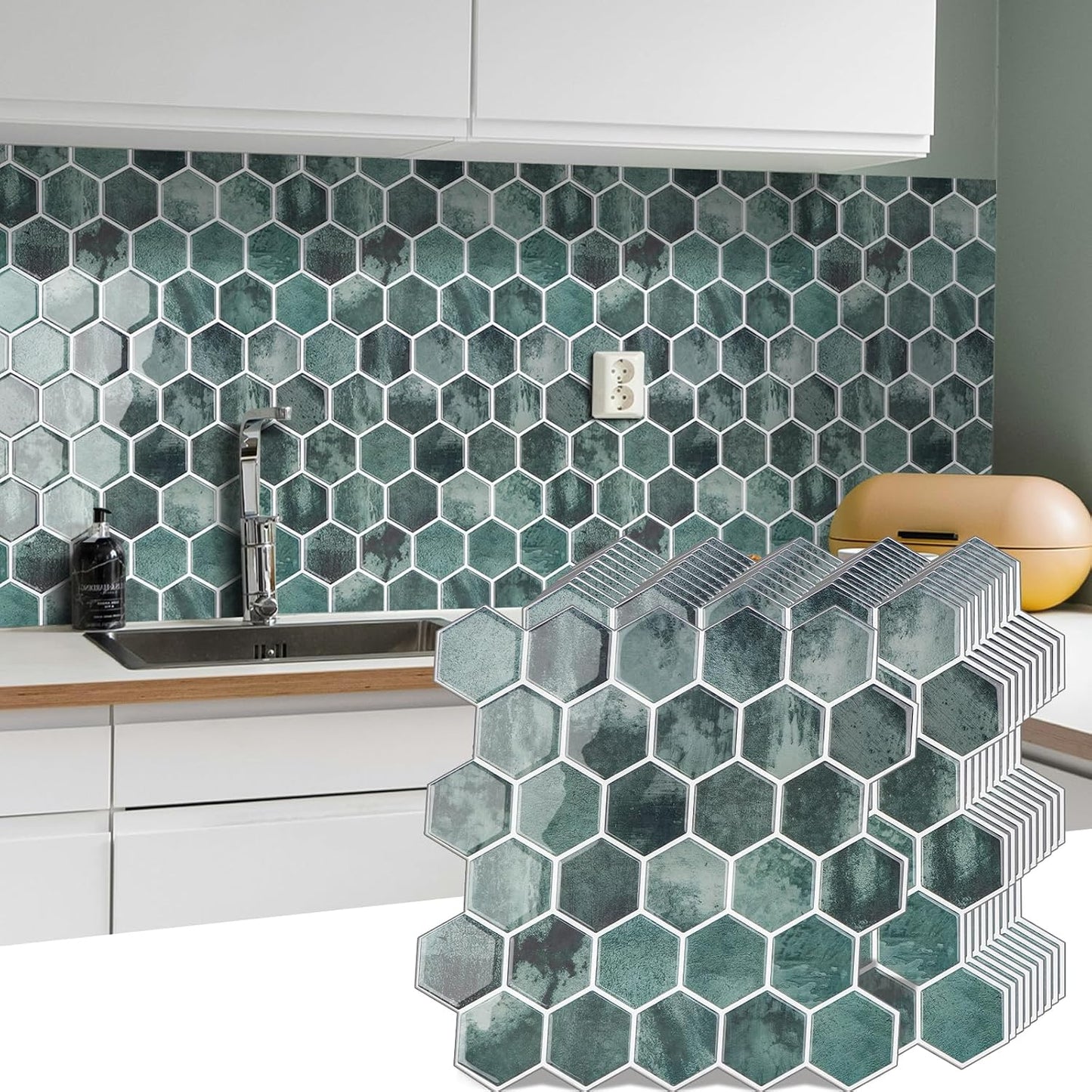10-Sheet Hexagon Peel and Stick Backsplash for Kitchen, New Upgrade Premium Extra Thicker Design 3D Self Adhesive Wall Tiles, Large Stick on Tiles for Kitchen and Bathroom (12" x 12")