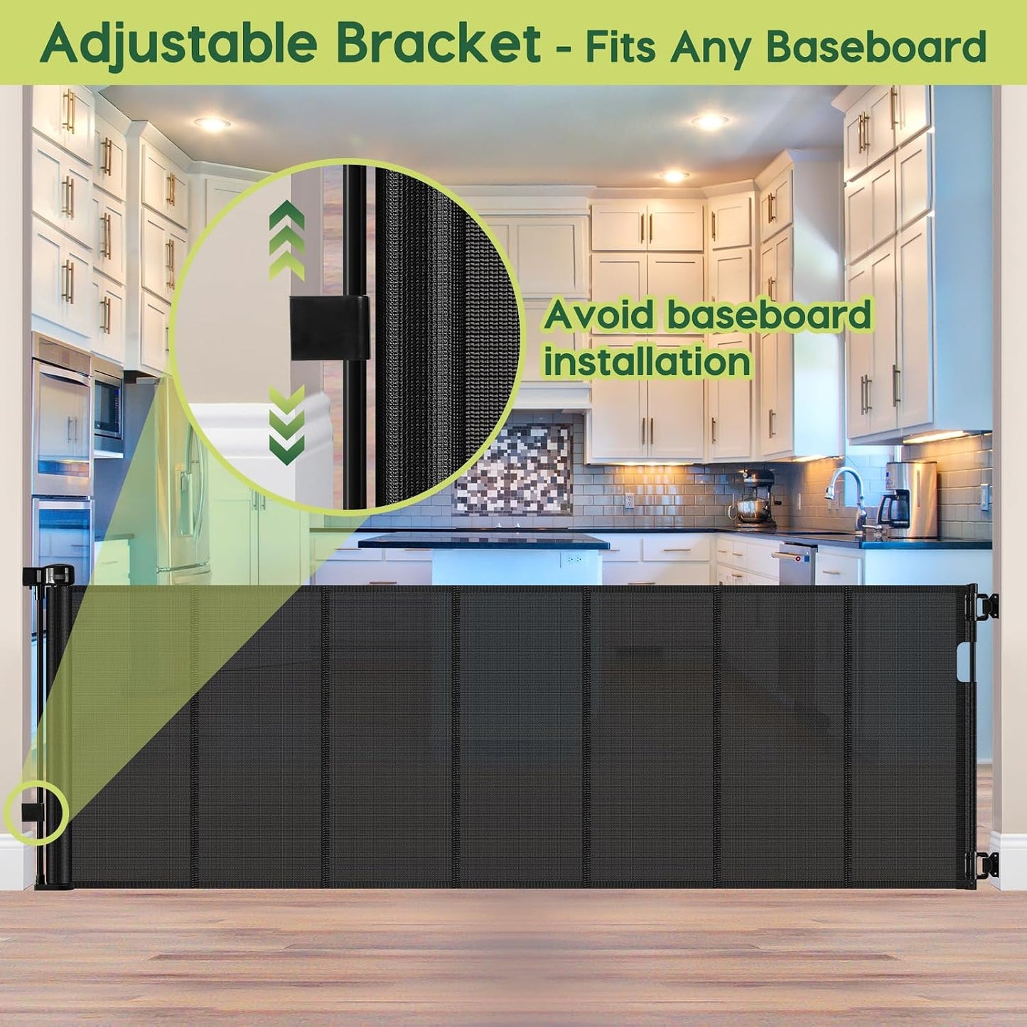 Reinforced 55" Wide Retractable Baby Gates with Reinforced Strips, Indoor/Outdoor Retractable Dog Gate for Doorway Prevent Bottom Drilling Through, No Bottom Bar Safety Mesh Baby Gate for Stair, Black