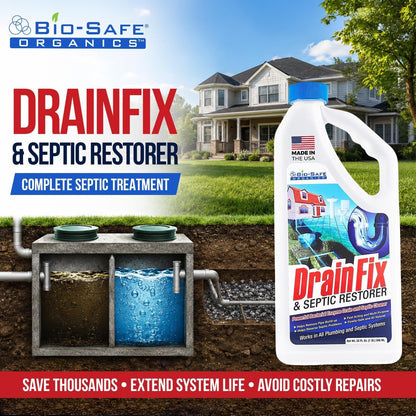 DrainFix & Septic Restorer – 32 oz Enzyme Septic Tank Treatment & Drainfield Restoration – Organic Drain Cleaner for Sewer Lines, RV & Home Plumbing – Safe for Pipes & Septic Systems