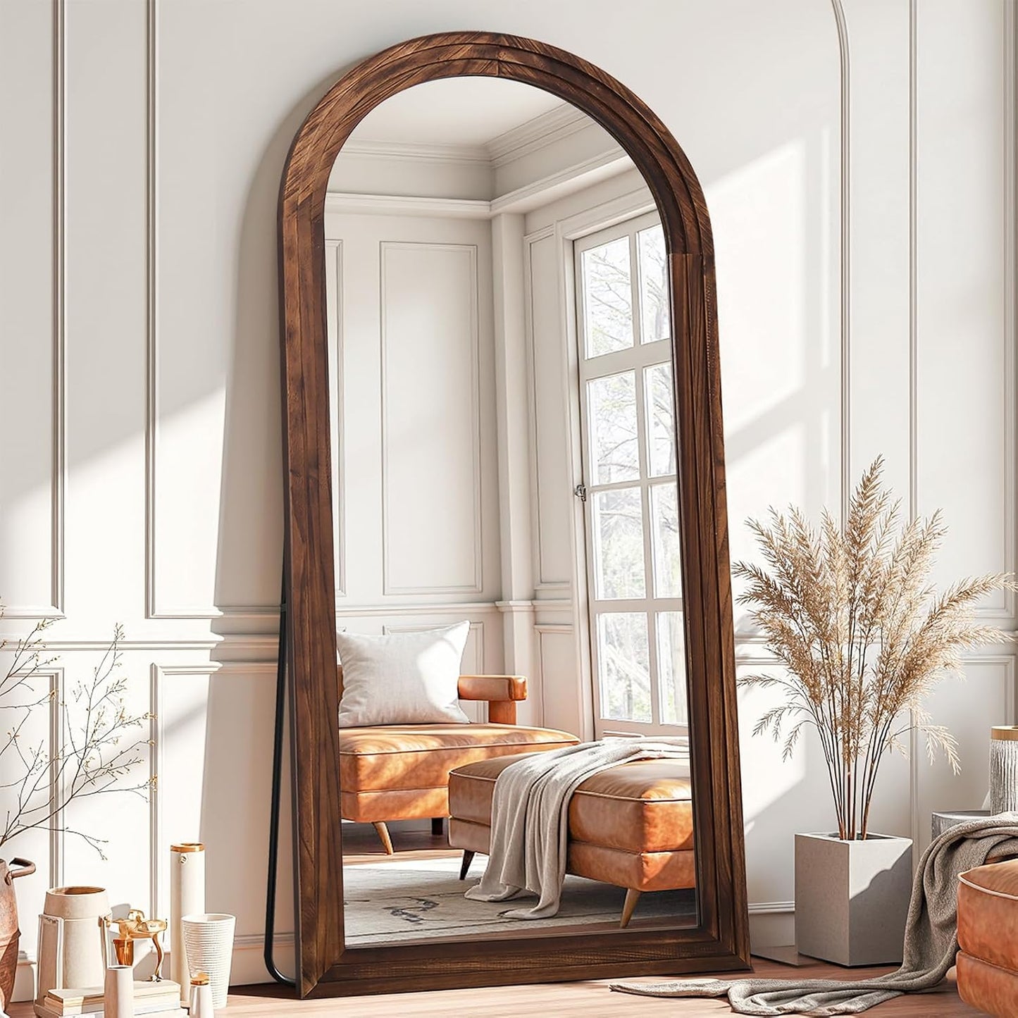 Antok Full Length Mirror with Solid Wood Frame, 71"×32" Wall Mounted Oversized Floor Mirror with Stand, Leaning Standing Hanging for Bedroom Living Room Entryway, Walnut, Arched Syle