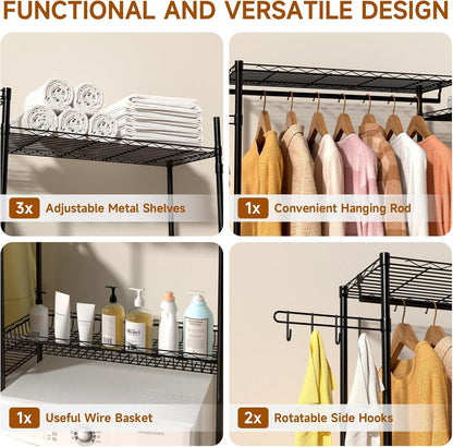 Over Washer and Dryer Storage Shelves, 4 Tiers Standing Clothes Drying Rack with Basket, Hanger Rod & Hooks for Laundry Room Storage Organization, Black