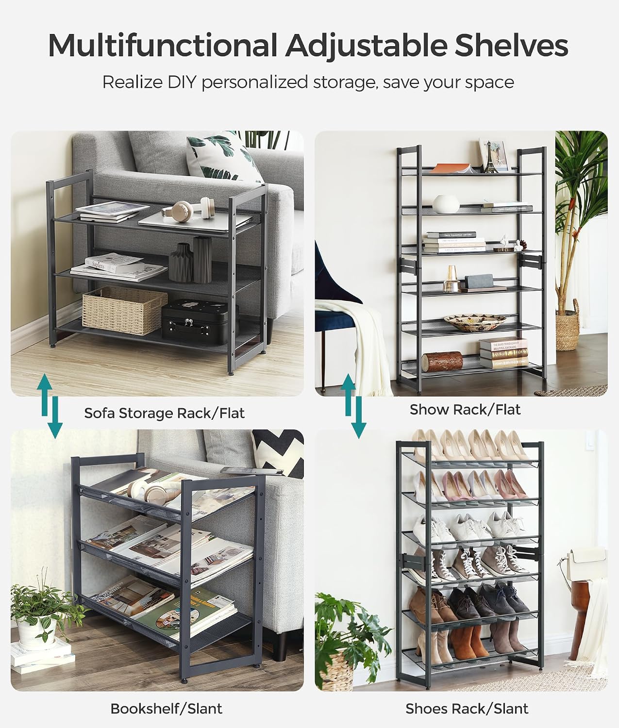 SONGMICS Shoe Rack, 12-Tier Shoe Organizer, Metal Shoe Storage for Garage, Entryway, Set of 2 6-Tier Stackable Shoe Shelf, with Adjustable Flat or Angled Shelves, Holds 48-60 Pairs, Black ULMR12B