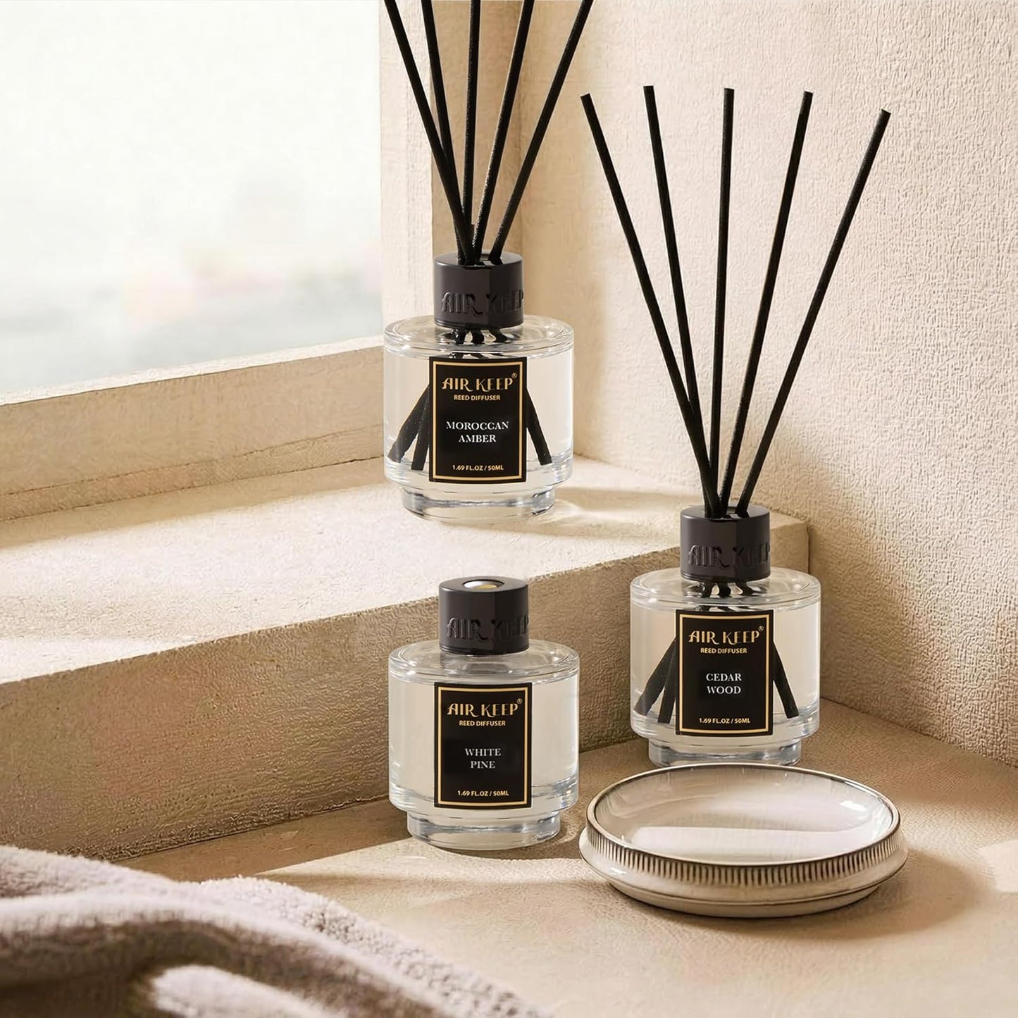 Airkeep Reed Diffuser Set of 3 for Bathroom Air Fresheners, Oil Diffuser Sticks | Cedar Wood,White Pine Moroccan Amber Scent Diffuser(1.7 fl oz*3) Fragrance with 18 Sticks Defusers | Shelf Decor