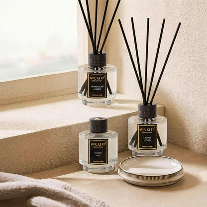Airkeep Reed Diffuser Set of 3 for Bathroom Air Fresheners, Oil Diffuser Sticks | Cedar Wood,White Pine Moroccan Amber Scent Diffuser(1.7 fl oz*3) Fragrance with 18 Sticks Defusers | Shelf Decor