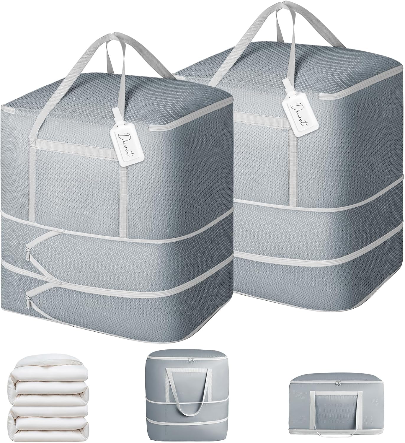 Comforter Storage Bag - Large Capacity Blanket Storage Bags 3-Layer Ultra Space Saving Self Compression Organizer, Washable Compression Bags for Storage Comforter Blanket, 2-Pack, Beige