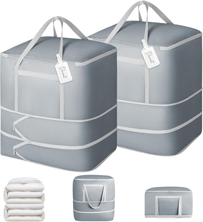 Comforter Storage Bag - Large Capacity Blanket Storage Bags 3-Layer Ultra Space Saving Self Compression Organizer, Washable Compression Bags for Storage Comforter Blanket, 2-Pack, Beige
