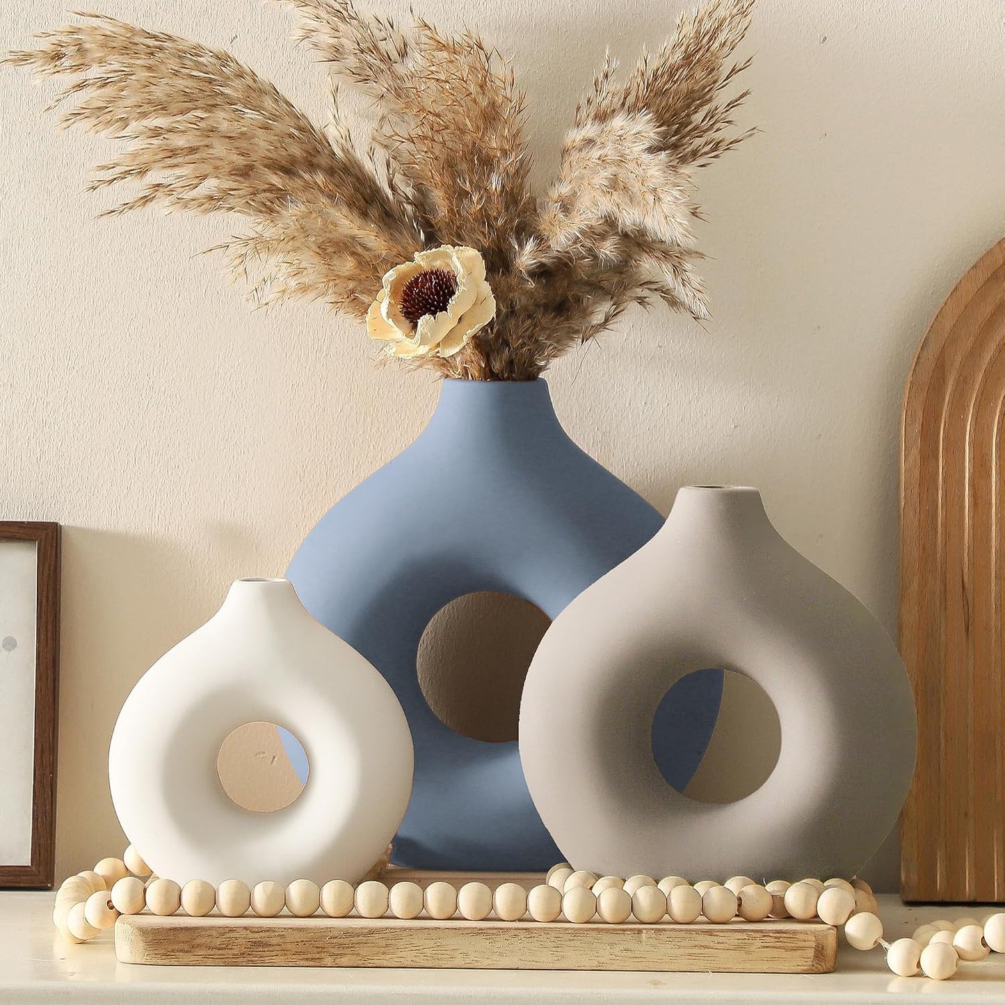 Vanselia Ceramic Vase Home Table Decor - Flower Vases Set of 3 Small Living Room Centerpiece Decorations for Shelf Bedroom Office Kitchen Dining Desk Modern Aesthetic Farmhouse Decorative (Classic)