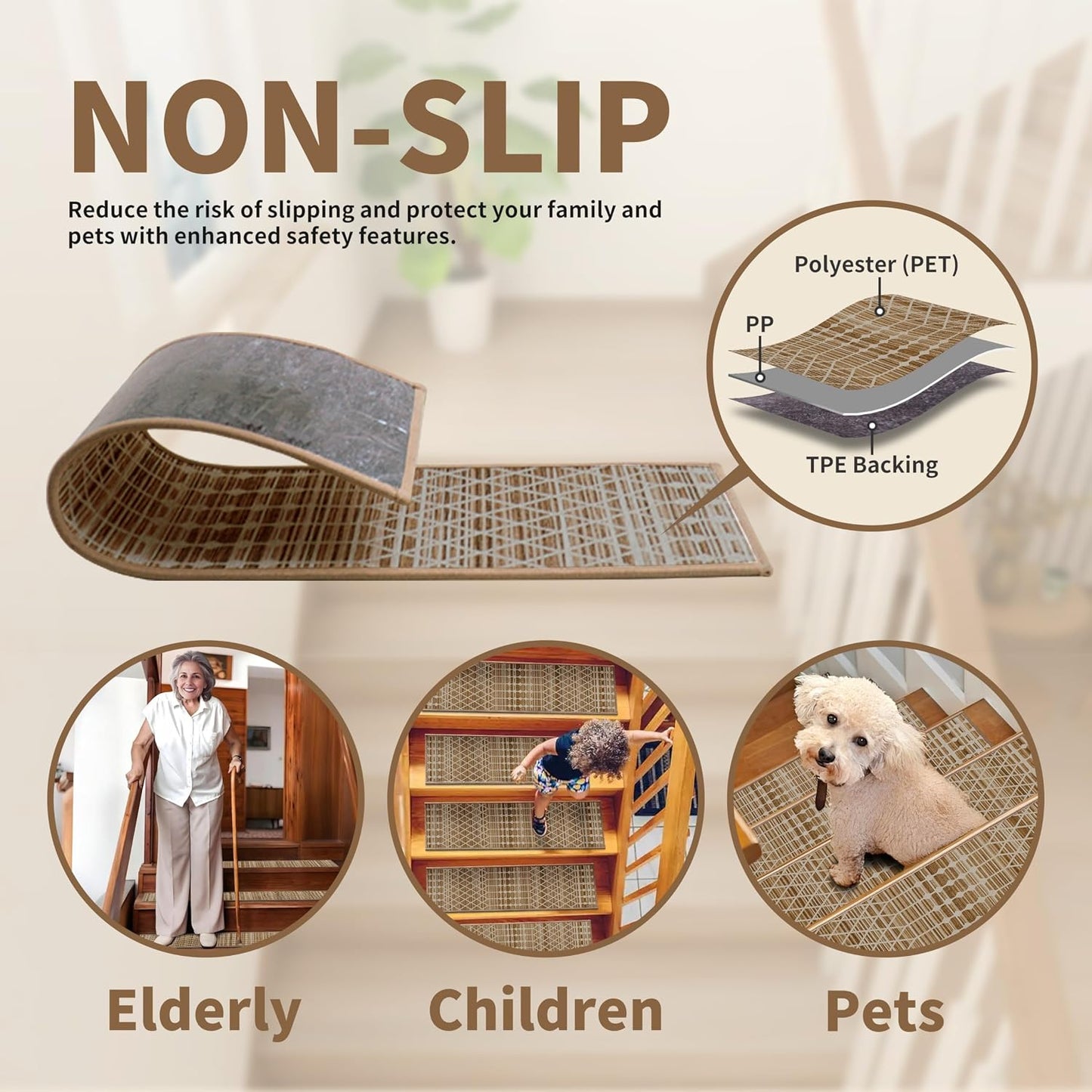 Non-Slip Carpet Stair Treads 15PCS, 8"x30" Peel and Stick Stair Runner for Wooden Steps Indoor, Washable Reusable Adhesive Backing, Pet-Friendly Safety Mats for Kids, Elders, Dogs