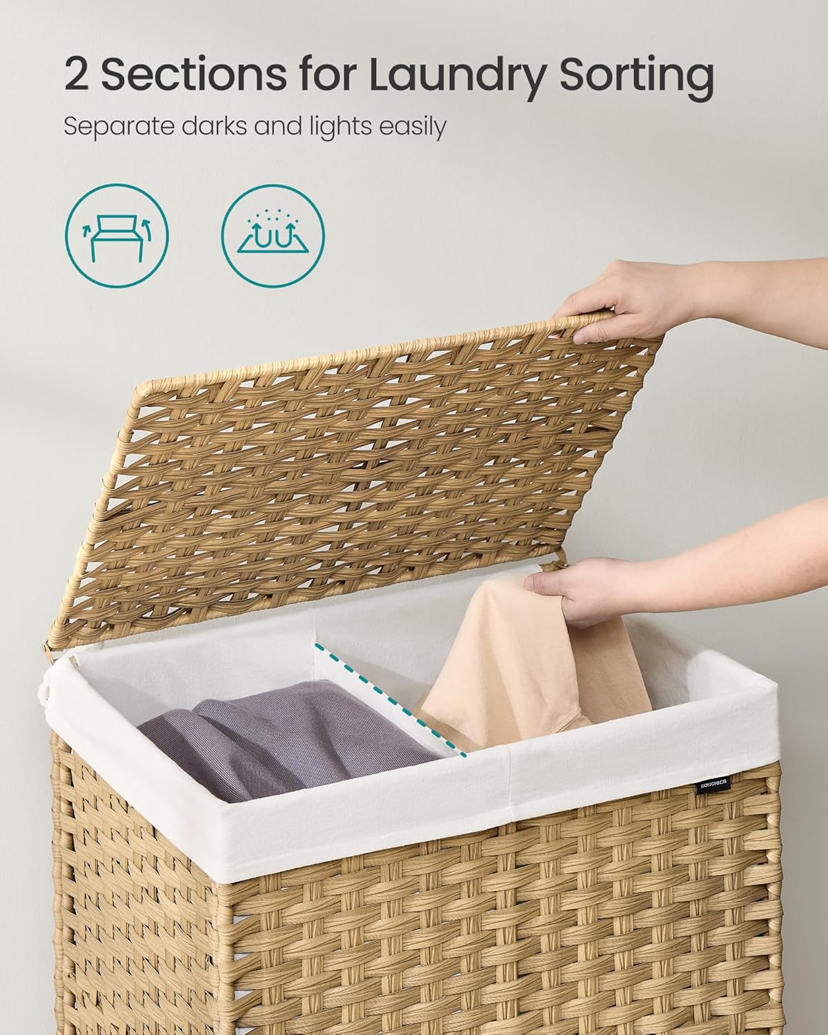 SONGMICS Laundry Hamper with Lid, 37 Gallons (140 L), Rolling Laundry Basket with Wheels, 3-Section Synthetic Rattan, Removable Liner, Bedroom, 26 x 13 x 26 Inches, Gray ULCB363G01