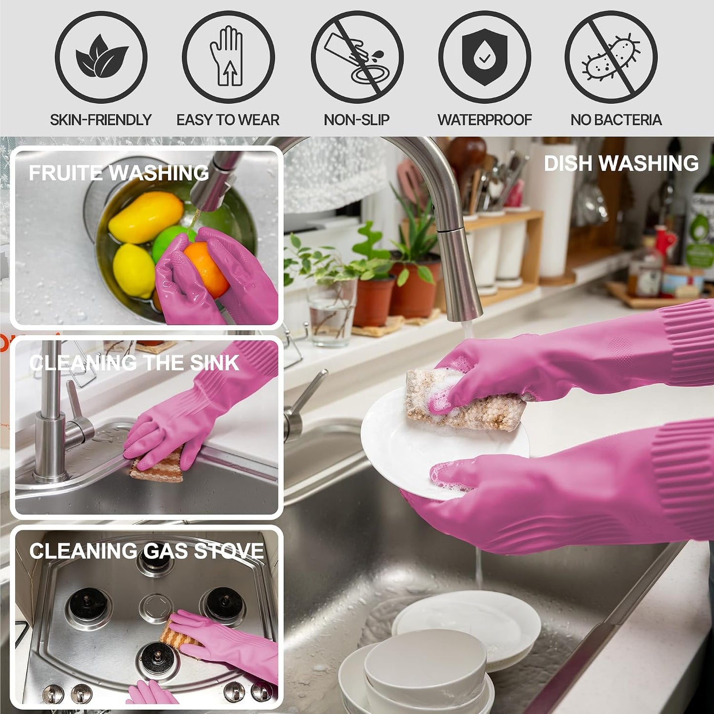 DABOGOSA Mamison 2 Pairs Reusable Waterproof Household Dishwashing Cleaning Rubber Gloves, Non-Slip Kitchen Glove (Pink, Medium (Pack of 2))