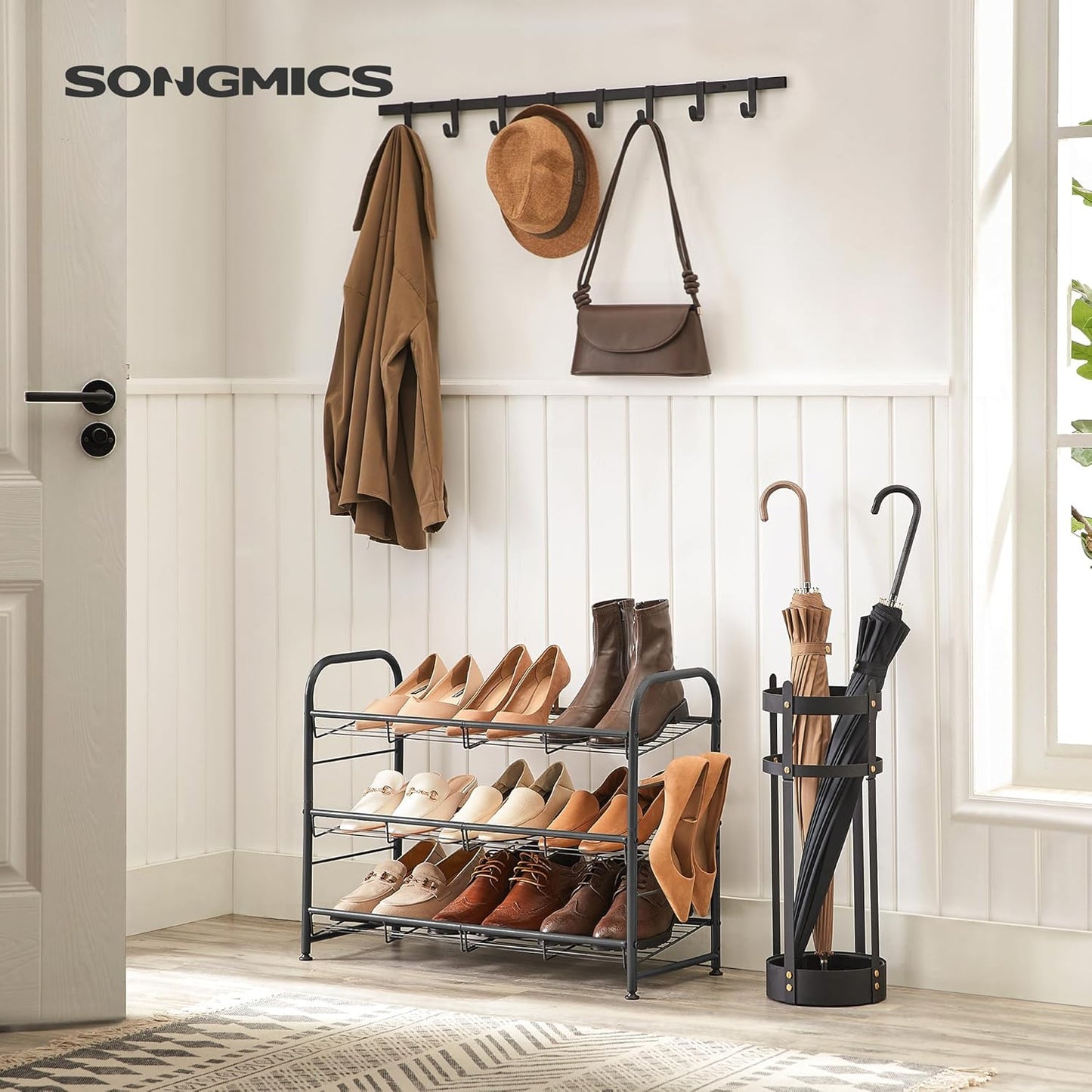 SONGMICS Stackable Shoe Rack, 4 Tier Metal Shoes Rack Storage Shelf, Holds up to 16 Pairs Shoes, Adjustable Slanted Shelves Shoe Tower Organizer for Closet Entryway Small Spaces, Black
