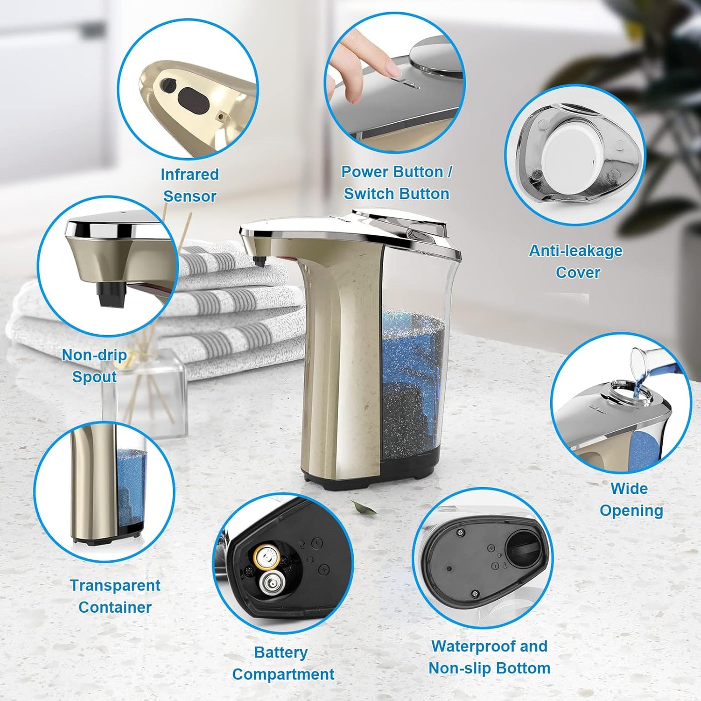 PZOTRUF Automatic Soap Dispenser, Touchless Dish Soap Dispenser 17oz/500ml with Infrared Sensor, 5 Adjustable Soap Dispensing Levels, Liquid Hand Dispenser for Bathroom Kitchen Sink (Silver)