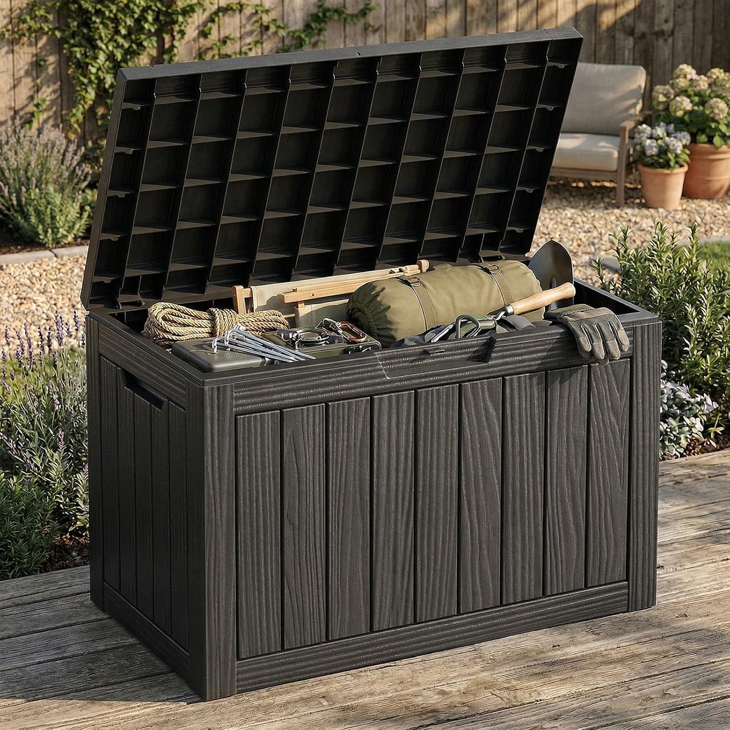 ROJIK 55Gal Outdoor Storage Box Waterproof Deck Box | Heavy-duty UV-resistant resin, space-saving for balcony/patio, stores cushions/tools/pool gear, lockable lid as table/bench