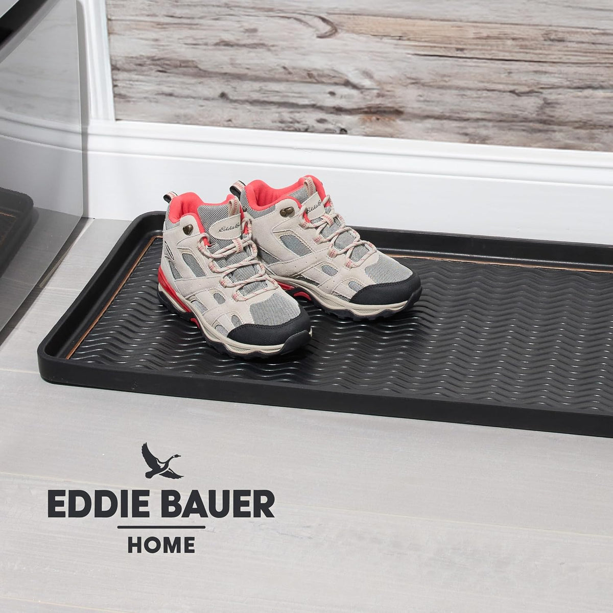 Eddie Bauer Rubber Boot Tray – Lake Waves Design, 16"x32", Black – Waterproof Entryway Boot Mat