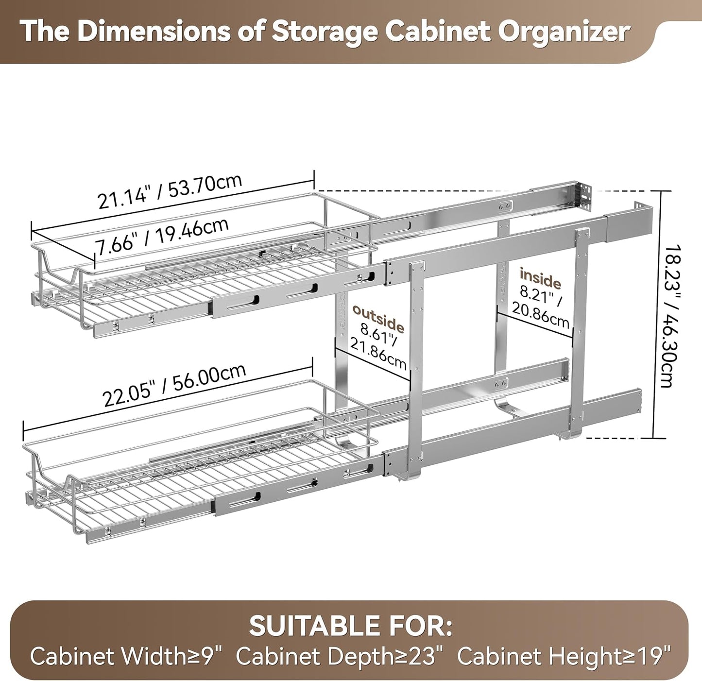 2 Tier Pull Out Cabinet Organizer 11" W X 22" D, Slide Out Drawers For Kitchen Cabinets, Pull Out Drawers For Cabinets Capacity Heavy Duty Caddy, Cabinet Pullout Shelves Chrome-Plated, Bathroom Pantry