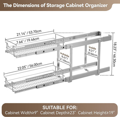 2 Tier Pull Out Cabinet Organizer 11" W X 22" D, Slide Out Drawers For Kitchen Cabinets, Pull Out Drawers For Cabinets Capacity Heavy Duty Caddy, Cabinet Pullout Shelves Chrome-Plated, Bathroom Pantry