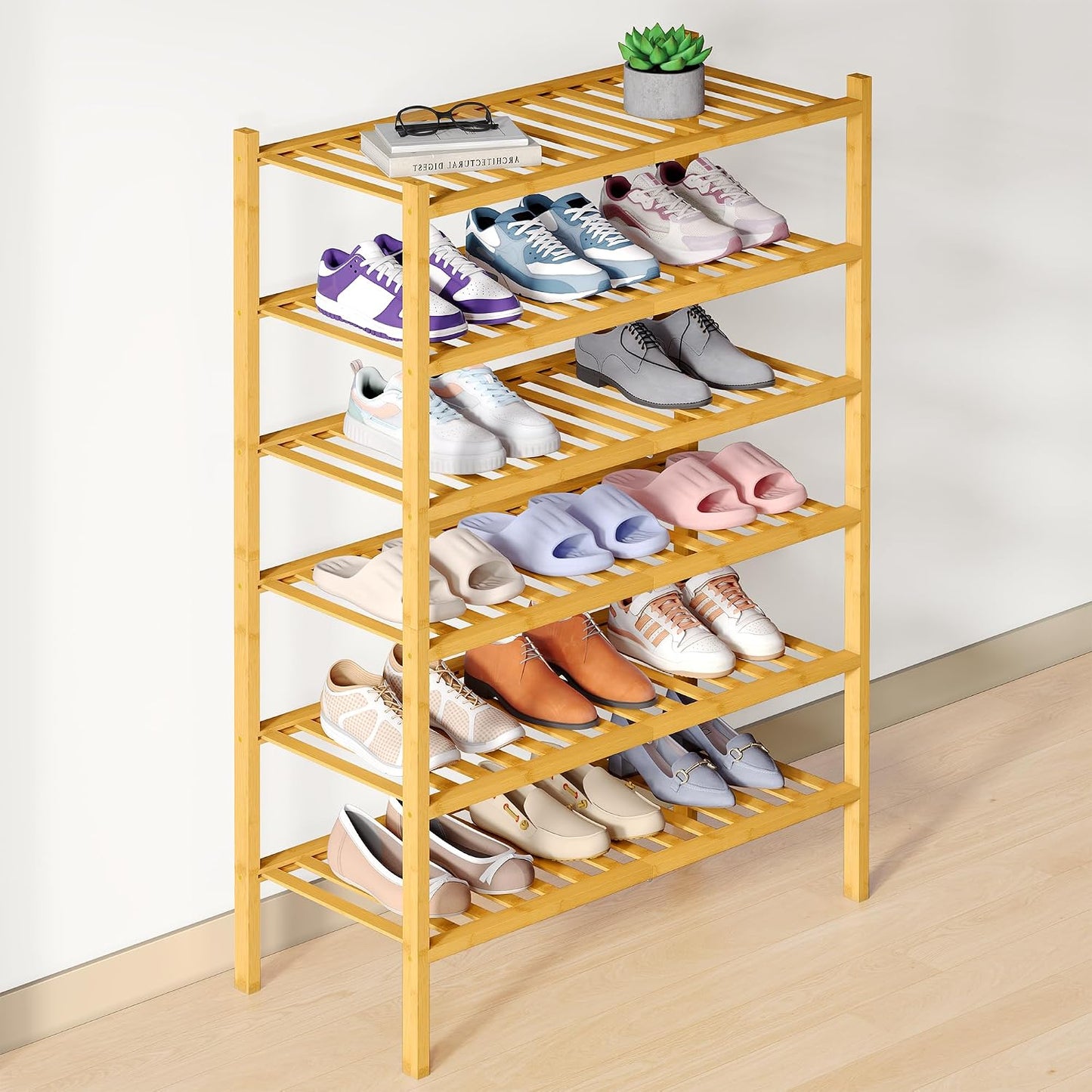 Smiry Bamboo Shoe Rack for Closet, 3 Tier Wooden Shoe Organizer, Stackable Wood Shoe Storage Shelf for Entryway, 14 Vertical Slats, One-piece Heavy-Duty Legs, 26.77"x11.02"x18.31", Natural