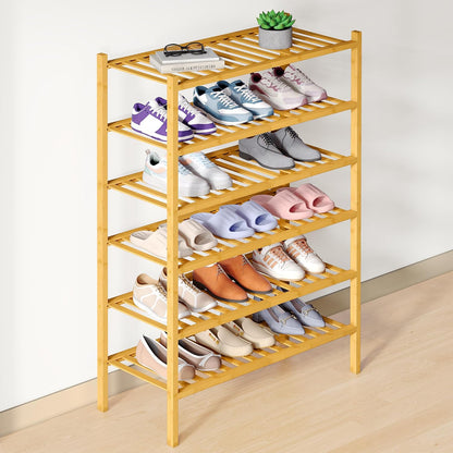 Smiry Bamboo Shoe Rack for Closet, 3 Tier Wooden Shoe Organizer, Stackable Wood Shoe Storage Shelf for Entryway, 14 Vertical Slats, One-piece Heavy-Duty Legs, 26.77"x11.02"x18.31", Natural
