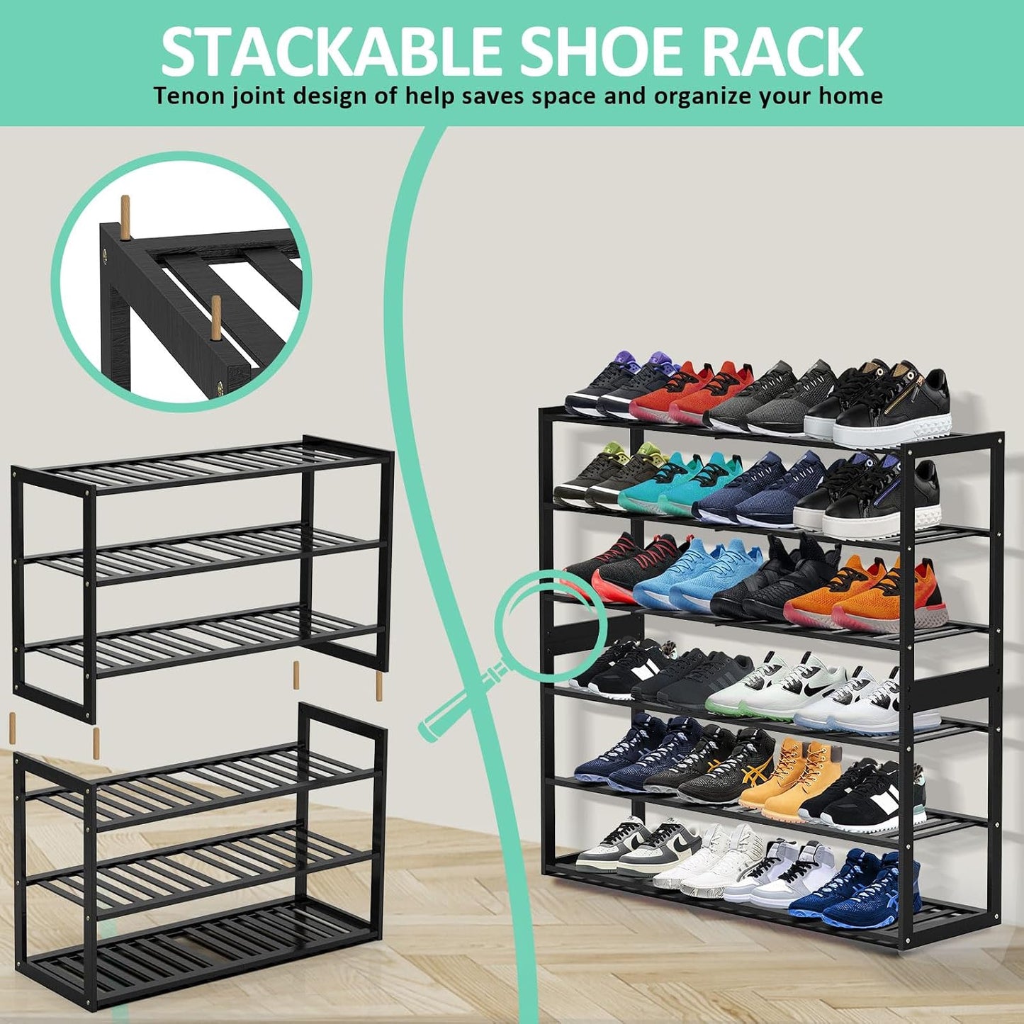 Jripae 5 Tier 32.5*10.5*30.3in Bamboo Shoe Rack for Closet Entryway Bedroom | Stackable Shoe Shelf Holder for Men/Women Hallway/Garage, Bookshelf, Flower Rack, Home Space Saving