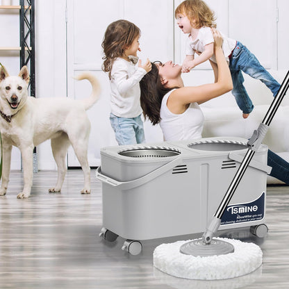 Compact Spin Mop for Apartments & Small Spaces, Clean & Dirty Water Separation Mop Bucket for Pet Owners & Daily Cleaning,360° Swivel Wheels, Safe for Hardwood & Tile, Adjustable Handle, 6 Mop Heads