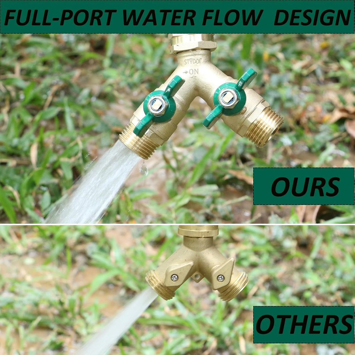 STYDDI Garden Hose Splitter Full Flow, Brass Heavy Duty Hose Splitter 2-Way High Flow, All Metal Hose Y Splitter with Shutoff, Outdoor Faucet Splitter Hose Connector, Water Hose Y Valve Tap Adapter