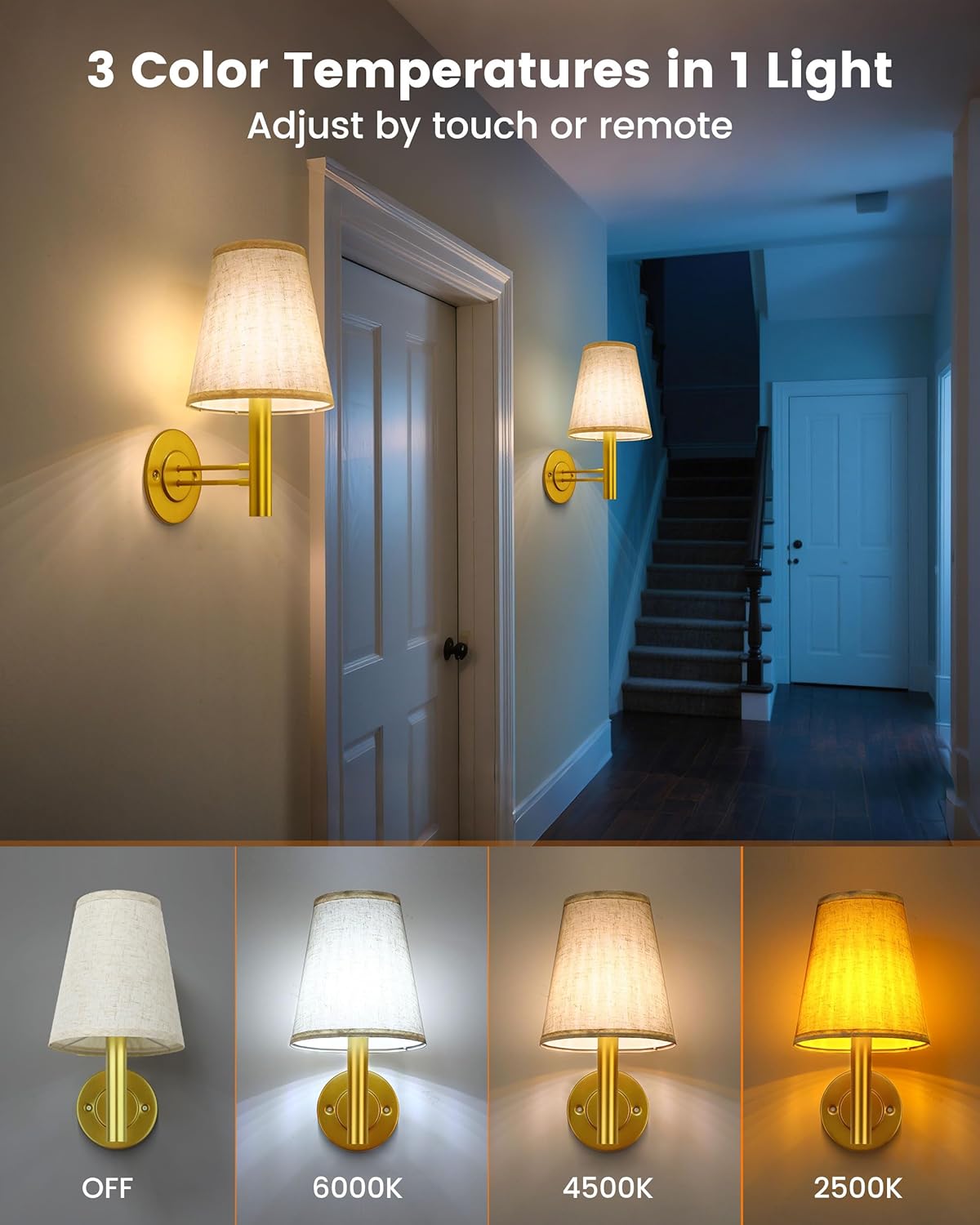 TECOMLIGHT Battery Operated Wall Sconces Lights for Bedroom Set of 2, Wireless Rechargeable LED Wall Lamp with Remote & Touch Control, Wall Mount Lighting Fixture for Living Room, Satin Gold